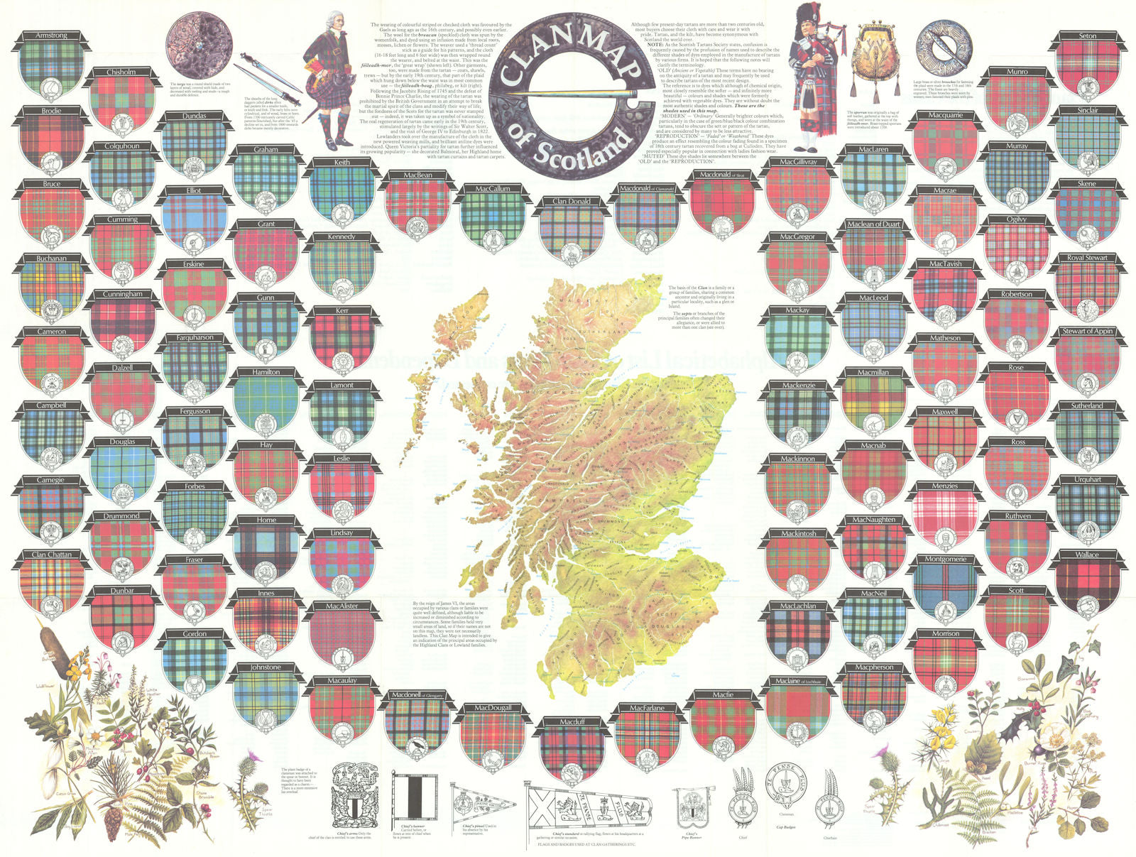 Clan map of Scotland. Tartans. Family crests. 88x66cm BARTHOLOMEW 1984 old